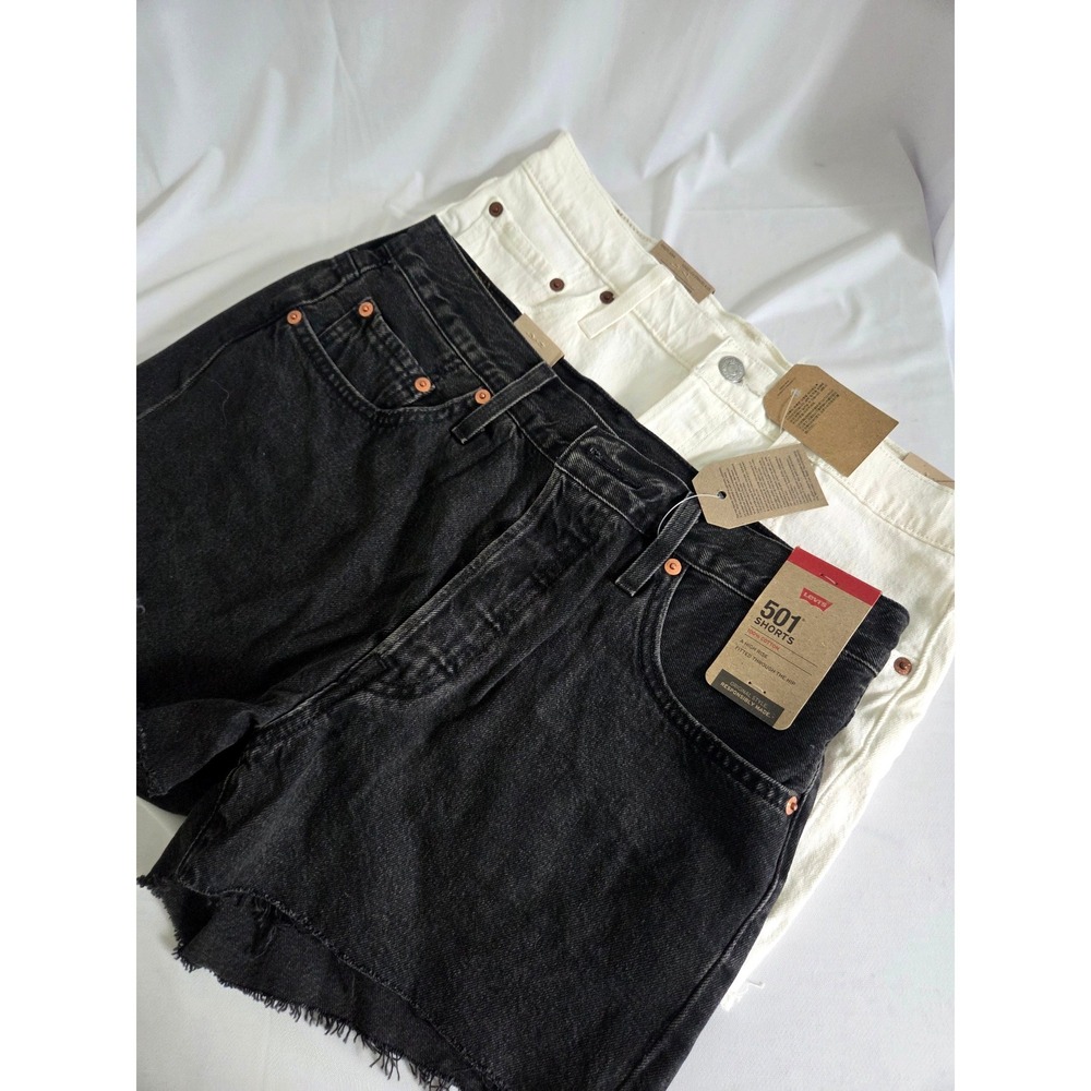 2 New, Levis 501 High Rise Denim Shorts, Black/off White Cut Off Hems